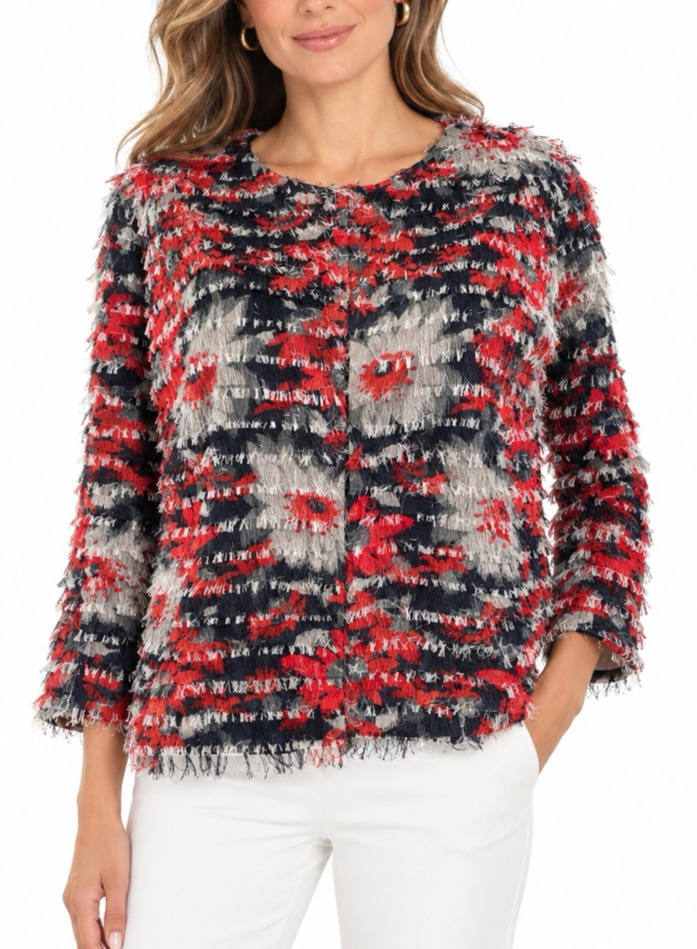 Marina Rinaldi Jacket Blazer Fringe Eyelash 3/4 Sleeve Floral Red Black 18